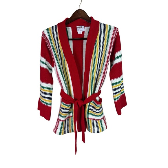 Beautiful Vintage 70s Montgomery Ward Wrap‎ Cardigan Tie Sweater Bright Small - Picture 1 of 9